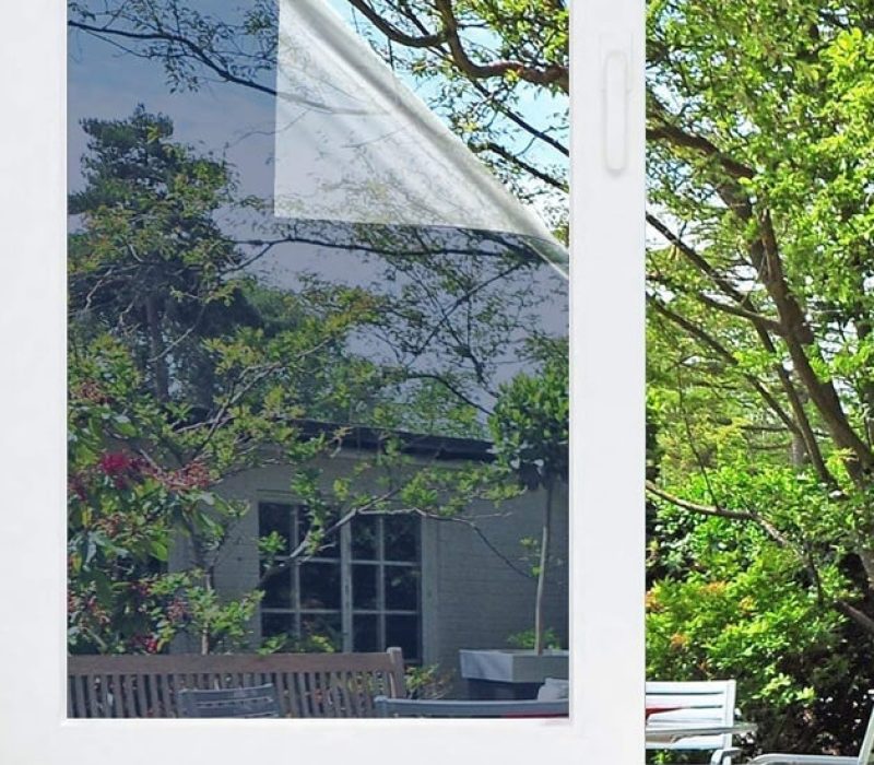 Reflection of trees on glass window.